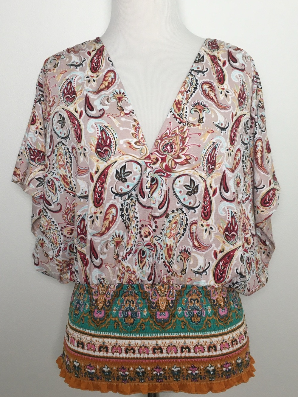 Paisley V-Neck Smocked Blouse